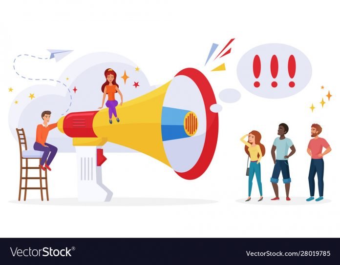 PR management and advertisement concept. Announcement, broadcast concept. Marketing promotional campaign flat vector illustration. Big loudspeaker and marketers characters team isolated.